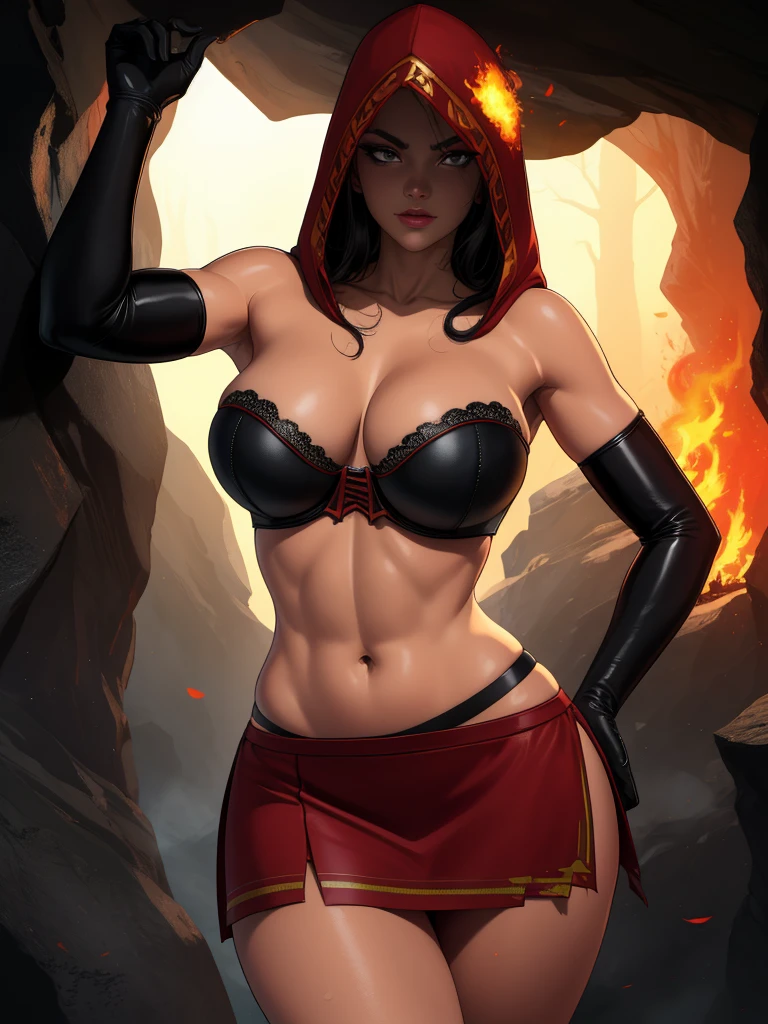 Dsorceress, shadowy face,dark cave, fire, hood, shadowed face, strapless bra, slim and athletic body, miniskirt, no panty, elbow gloves, dark skin, 1 girl (insanely detailed, masterpiece, best quality)