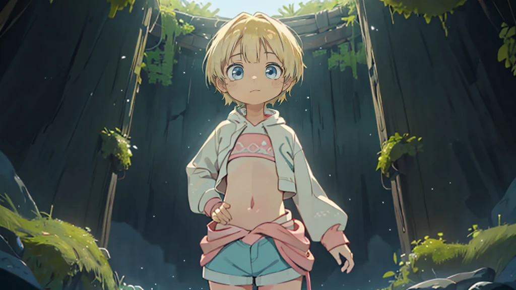 8-year-old girl, my_Irumui,
she has (Blonde).
(Eye color is turquoise), SFW,
Blonde Hair、Short Hair、(Blonde rings:1.5),
White skin, Wooden village, (Flat Chest), Denim shorts,
outside, bright,, Wearing a pink, patternless hoodie,I tried drawing it in the style of Made in Abyss with the belly button sticking out.,
Soft lighting and detailed environments、Create immersive environments that inspire your imagination、Delivering high quality visuals, Dim lighting, Sharply focused, Octane Rendering, 8K Ultra HD