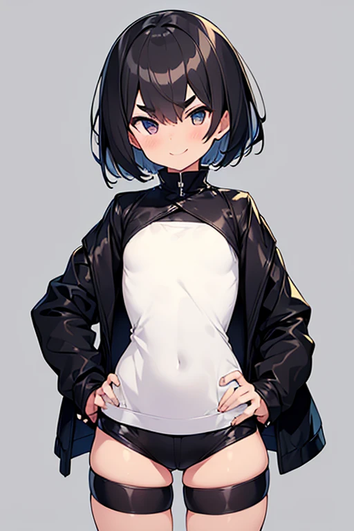 perfect hands,perfect fingers,1girl,flat chest,(short hair:1.3),black hair,black jacket,thick eyebrows,simple background,open eyes,black hotpants,smile,Place your hands on your hips,Surprised face