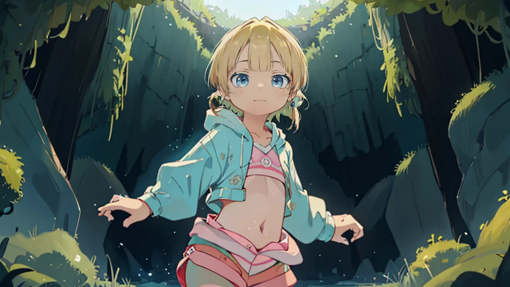 8-year-old girl, my_Irumui,
she has (Blonde).
(Eye color is turquoise), SFW,
Blonde Hair、Short Hair、(Blonde rings:1.5),
White skin, Wooden village, (Flat Chest), Denim shorts,
outside, bright,, Wearing a pink, patternless hoodie,I tried drawing it in the style of Made in Abyss with the belly button sticking out.,
Soft lighting and detailed environments、Create immersive environments that inspire your imagination、Delivering high quality visuals, Dim lighting, Sharply focused, Octane Rendering, 8K Ultra HD
