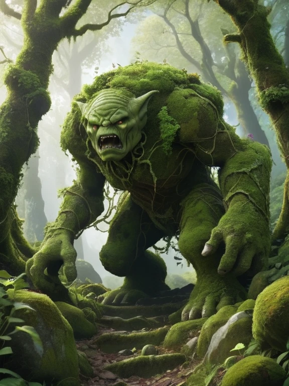 An Earth elemental rising from a mountain trail, covered in moss and vines