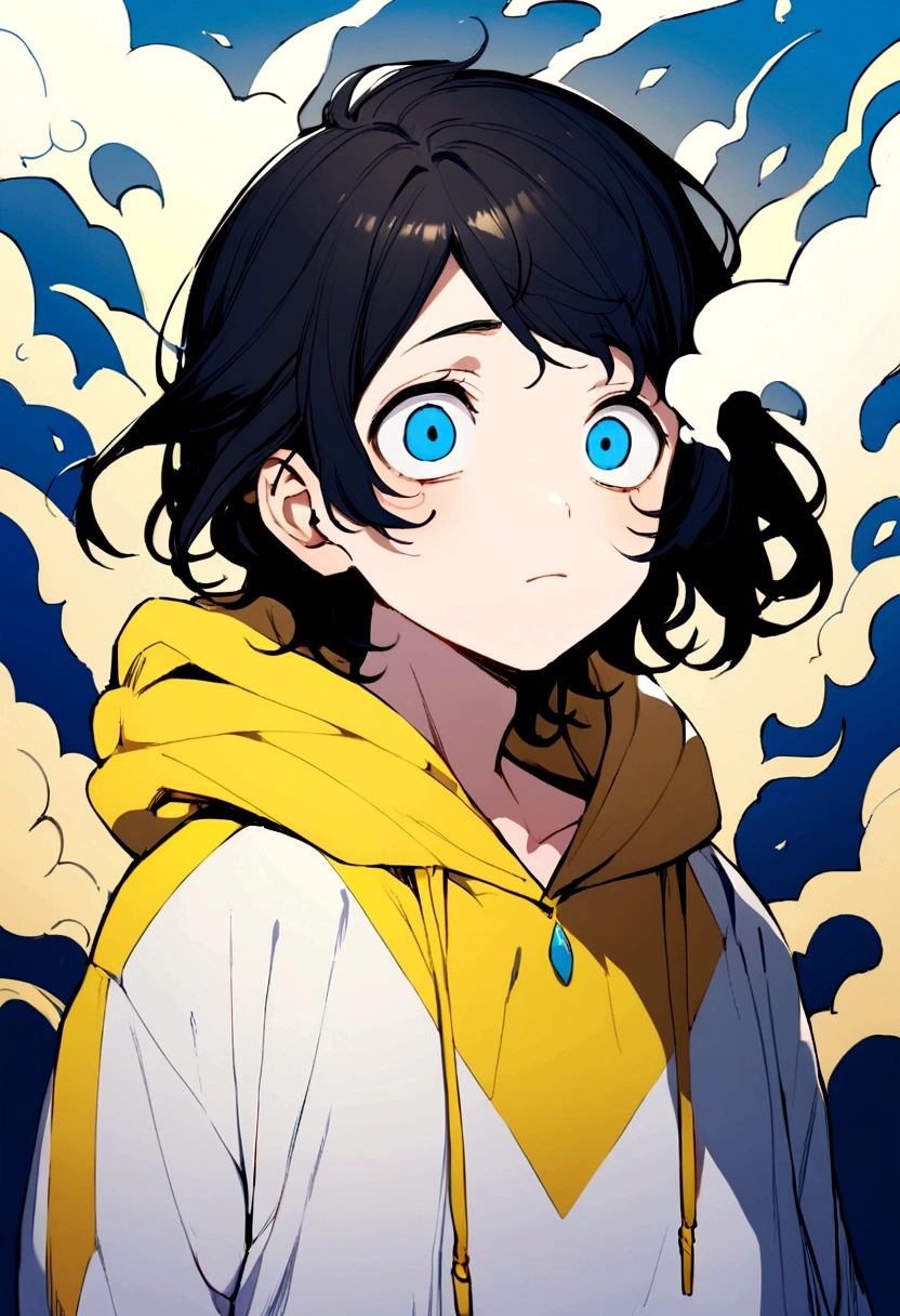 Beautiful 18 year old boy、Wearing a yellow and black hoodie、The background is pure white、Center parting of black hair、Bright blue eyes、Droopy eyes