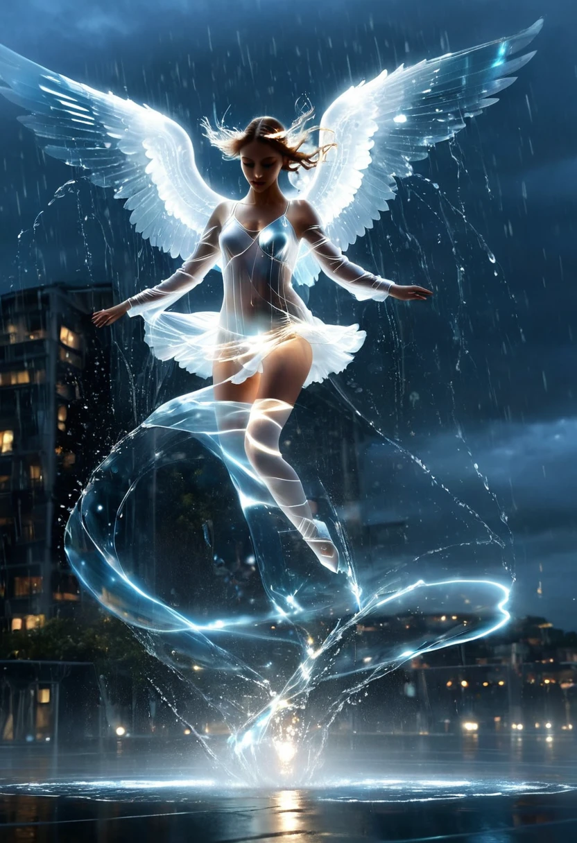 Une sublime danseuse au corp translucide qui danse sous la pluie dans le ciel, ailes déployés sous la pluie, sans protection, corps translucide fait d’eau de pluie qui coule sur elle, Jour de pluie, un pas de danse, bioluminescent water dress, translucent angel, courbes poétique et sensuelle, effet holographique qui sort de la photo, scène extrêmement détaillée, hyperréaliste, Des détails sublimes. Un travail vraiment remarquable, travail joyeux et sensuel, danse dynamique, danse classique, intricate, poitrine sublime lactating