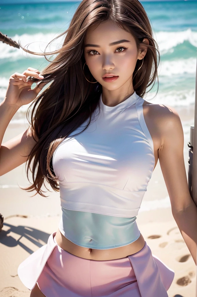 (highest quality, 8K, Award-winning work, ultra high resolution), one beautiful woman, (white crop top:1.5), (pink Short skirt:1.3), Exactly, straight brown hair, cleavage, Look at me, (medium breasts:1.1), (Most emphasize the body line:1.1), accurate anatomy, ultra high definition hair, Perfect and beautiful teeth in ultra high resolution, Ultra high definition beauty face, ultra high definition hair, ultra high-resolution beautiful skin, ultra high resolution, beach background