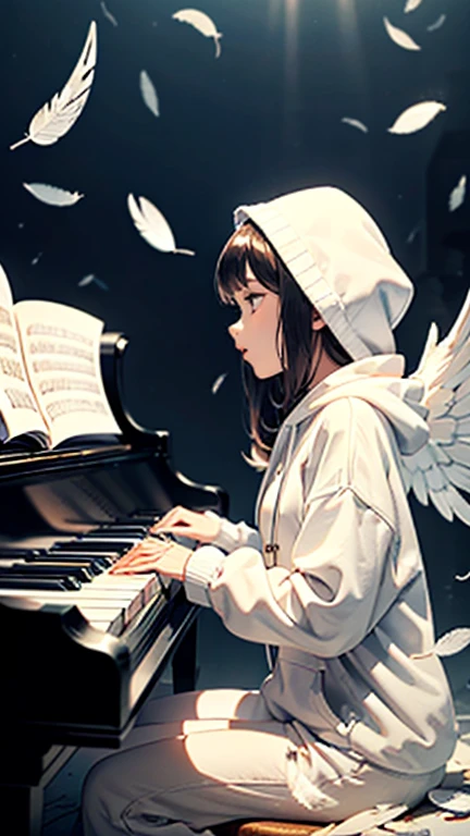 Above the Clouds(battlefield) ((Long Shot)), (Full Shot), night, alone, close your eyes, Open your mouth, sing, Rubble pile, Side view, profile,
((Countless feathers floating in the sky)), battlefield, fire, Remains, high quality, grand piano on battlefield, The Lone Violinist, Angel, ((woman in white hoodie sing while playing piano)), ((Two large white translucent multimeter wings on a woman&#39;s back)), Cool woman, wonderful, Long black hair ((Full Shot)))