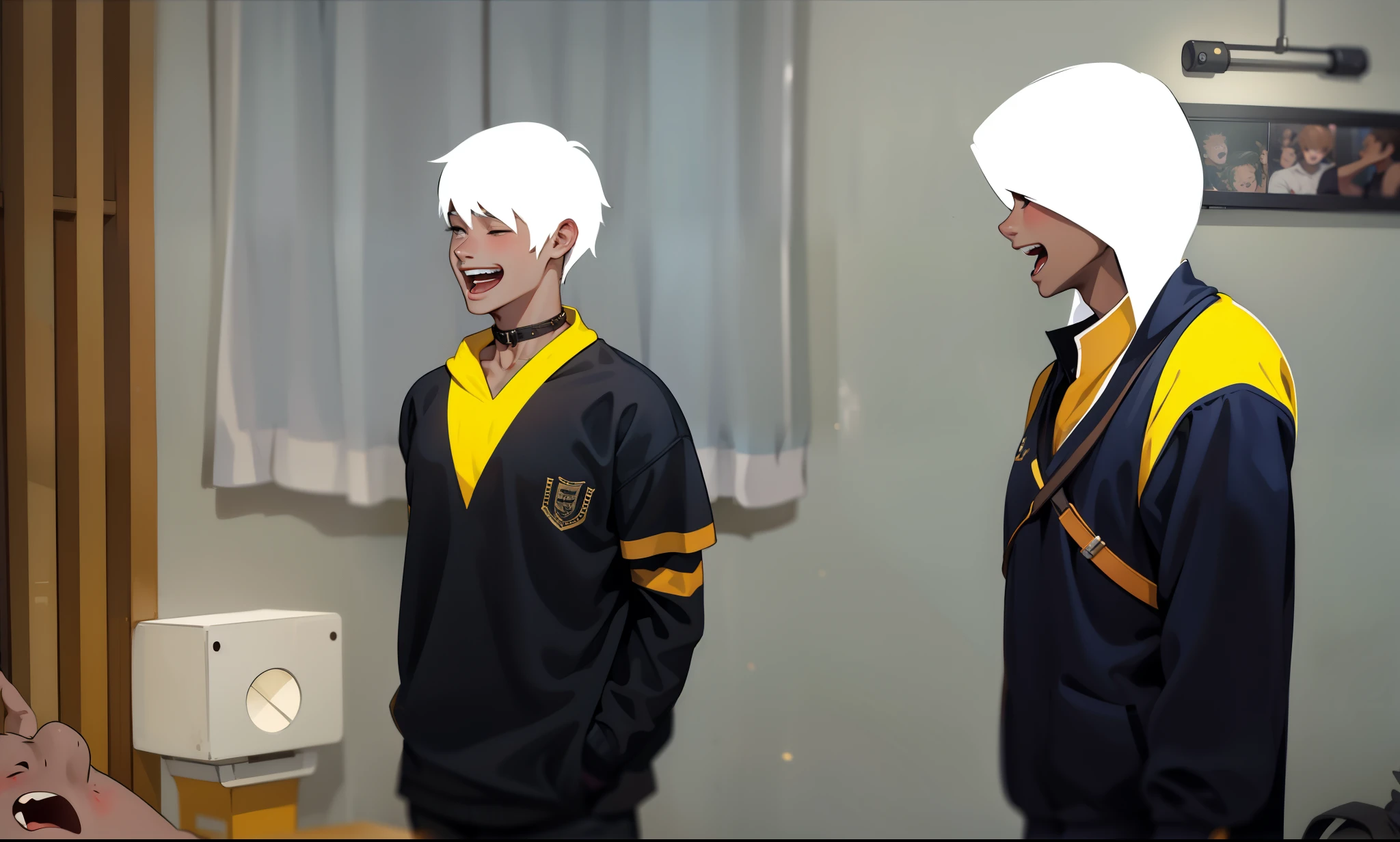 They are laughing and singing. There is a group of teenagers at a party. They are singing.