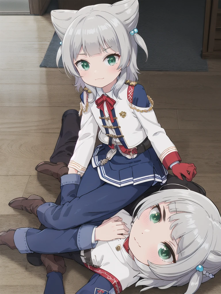 Highest quality,masterpiece,Green Eyes, Grey Hair, hair ornaments, Animal ears, Flat Chest,uniform,1boy,Men are down,Woman on top