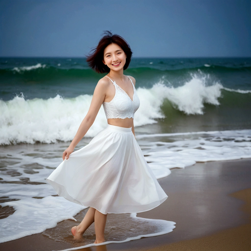 sunset on the beach,바다에 잔광이 비치네sunset on the beach 붉은 태양,A strong lingering scent is reflected in the sea., Beautiful 46-year-old short Korean woman, Chest size 34 inches, Wear sleeveless, white light skirt. beautiful pretty woman look , wearing a light skirt , Go far into the sea water and dip your toes., Short medium hair blowing in the wind, 1 short woman, beautiful eyes, a little smile, Full-body photo taken from afar with a wide-angle lens, The background is clean and perfect., waves moved by the wind, best high definition
