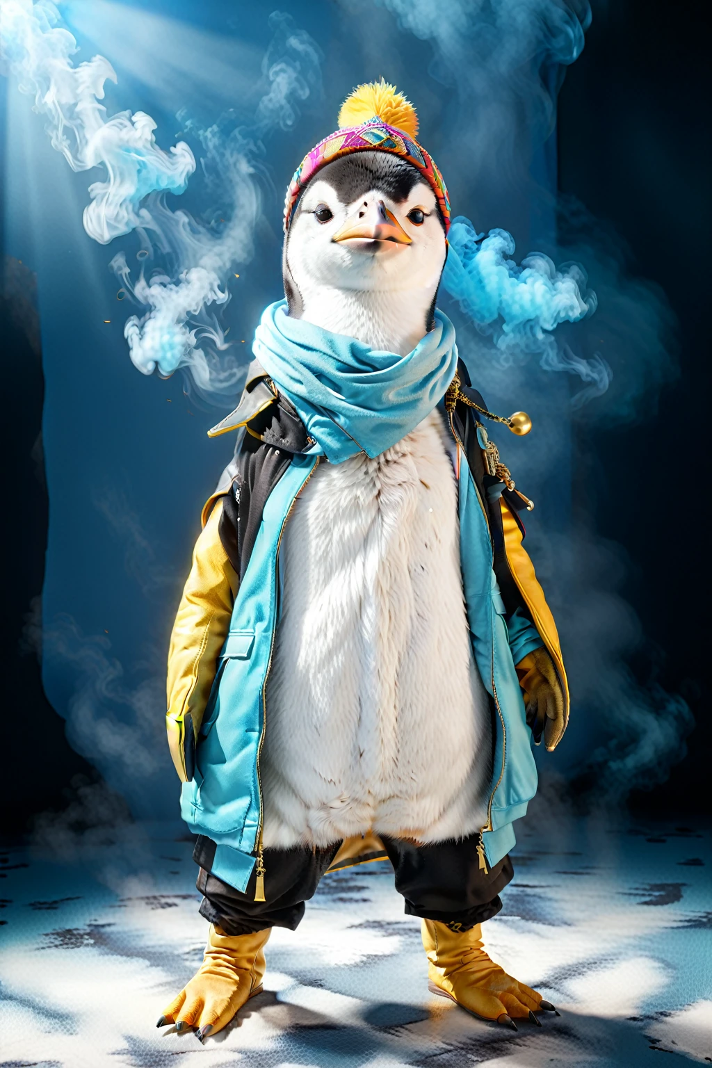 So you can edit it later、An anthropomorphic blue emperor penguin wearing a blue HIPHOP costume with flashy colorful accessories with a space above his head is posing in a unique way. There is a mysterious smoke on a blue background.、A mysterious blue light shines through it. The light also shines on the character, making it clearly visible. Create an image with this composition according to the following rules.。
High resolution textures、Texture、Realなディテール、
The background is dark、Mysterious and、There is a good atmosphere、Dramatic lighting and high contrast images、Extremely high resolution to create photo-realistic card game patterns。
The design will be surrounded by a border、80 from the center of the space so that the character is not hidden%Please。
Use indirect lighting and textured backgroundake the central character stand out。
Full body portrait、Dynamic pose。
にかくテクスチャがRealで細かいファッションの服。
Fashionable sneakers、boots、Sandals、hat、Smoke Accessories Necklace、Earrings、ring、bandana car、bike、Tattoos etc.、Choose according to your outfit and mood。
Real、8K
(masterpiece、Highest quality、high detail、超Real:1.2)、
Anthropomorphic animals、Full body portrait
(Photorealistic:1.4), Cinematic lighting, 8K UHD、
Professional Photography、
(詳細な毛皮のTexture:1.3), Expressive eyes、
Designer clothing、Luxury Brands、
(Perfect tailoring:1.2), High Fashion Accessor
Moody atmosphere、Dramatic Shadows、
High contrast lighting、Depth of written boundary、
Film Grain、Color Grading、
(Color Palette:1.3)、(Calm earth colors:1.2)、
(Rich Brown:1.1)、(Deep Gray:1.1)、(subtle gold accents:1.0)、
(warm color:1.1)、(Color harmony:1.2)、
(Soft diffused lighting:1.2)、(Rim lighting:1.1)、
(Volumetric Lighting:1.0), (Ambient Occlusion:1.1)