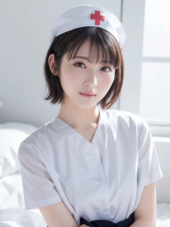 1. A pure woman,(Wearing white nurse clothes:1.2),(RAW Photos, Highest quality), (Realistic, photo-Realistic:1.4), masterpiece, A very delicate and beautiful 20-year-old woman, Very detailed, Great Skin, Detailed face, A cool smile、Clean look、Twinkle Eyes, Ample breasts、High resolution, Soft Light, Beautiful detailed girl, Very detailed eyes and face, Beautiful and detailed nose, nurse, Perfect Anatomy, Black Hair, nurse uniform, ((nurse cap)), White Uniform, Hospital room,Lying on the bed、 ((High resolution)), short hair, bangs,Face Focus、
