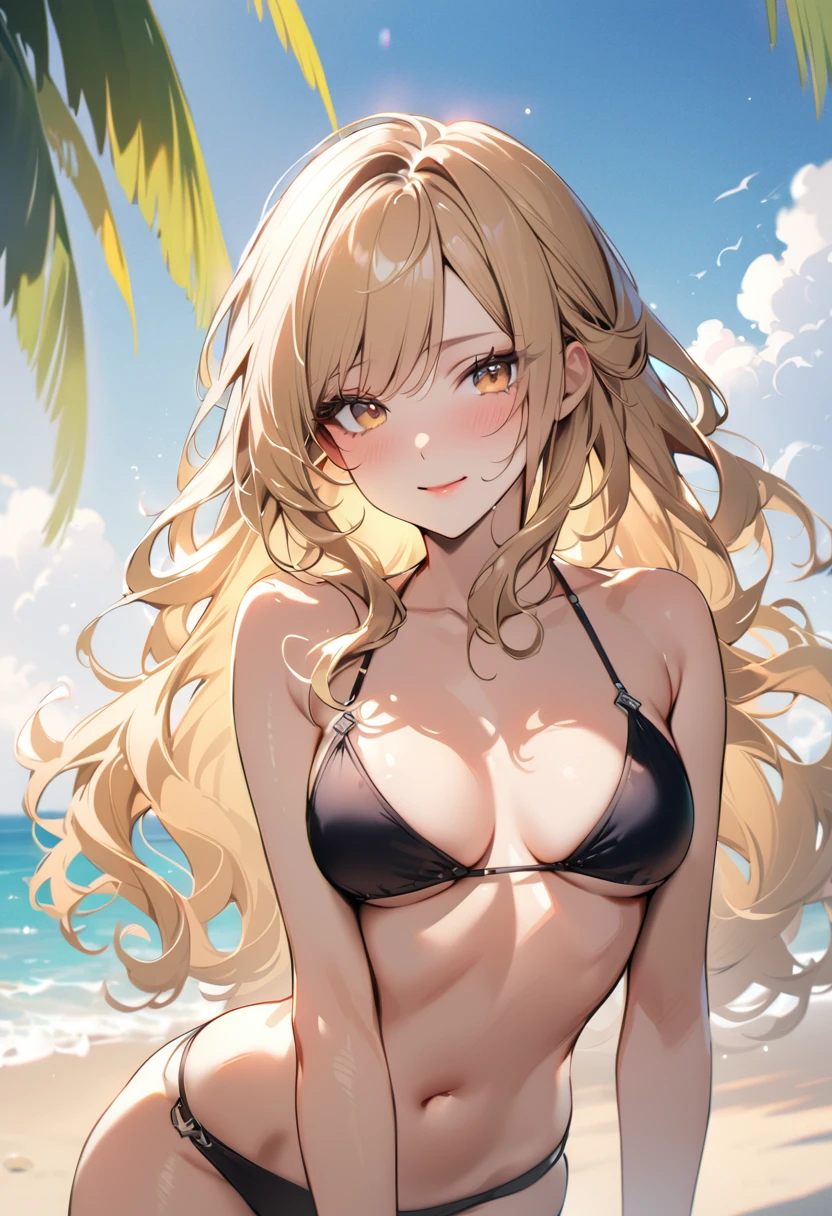 1 lady, 20 years old, blonde hair, long hair, wavy hair, light brown eyes, glamorous, seductive smile, 
BREAK (masterpiece), (high resolution 8K), cinematic lighting, professional lighting, detailed eyes and face, detailed body, 
BREAK black bikini, (seductive pose:1.2), 
BREAK tropical atmosphere, on the beach, ocean, blurred background, 