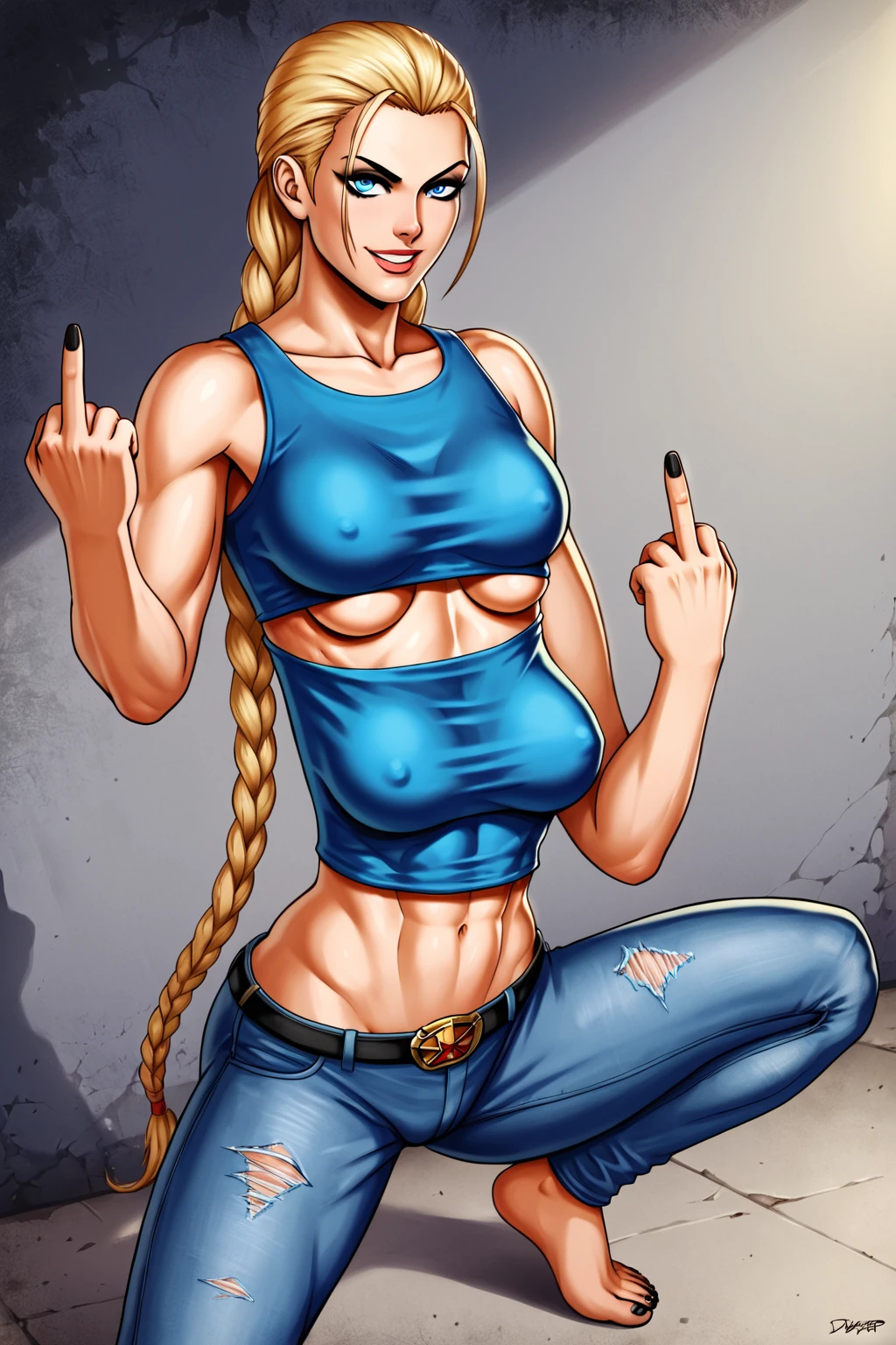 A sexy bad bitch, street style, vulgar, vulgar clothes, middle finger, blue jean shirt, croptop, , long blond hair, blue eyes, very black eyeliner, black nail, bitch position, extra breast. Dirty street background. detailed, masterpiece, UHD