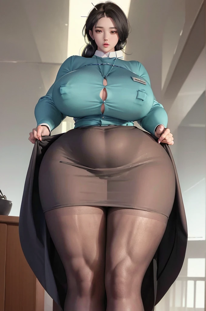 A curvaceous, cute and skinny super large biggest thick ass realist secretary , dressed in a tight-fitting skirt that hugs her voluptuous large and thick hips and round huge thick ass behind. perky breasts, which are just barely contained within the constraints of her buttoned-up attire. pantyhose, big and thick and ass, large and thick hips