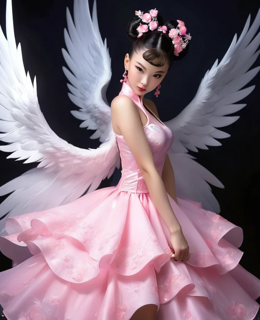dark atmosphere dark anime 2.5D Chun LI + Vegeta girl sexy angels bright white wings big tits spiky mohawk hair dress V-cuts walking on a gloomy dark street in neon pink high heels scared style photo realism, fully detailed drawing in black and black and only the big green eyes