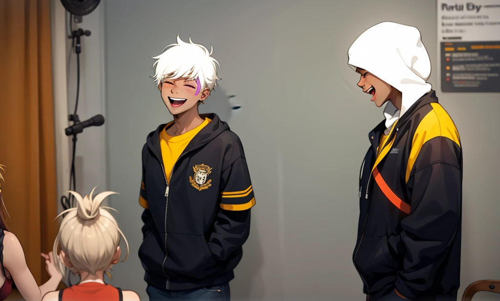 They are laughing and singing. There is a group of teenagers at a party. They are singing.