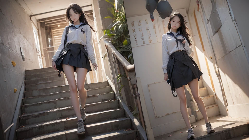 ((((((Full body photo))))))、((((((High school girl climbing the stairs))))))、、(8K、RAW Photos、Highest quality、masterpiece:1.2、Super detailed、Super Resolution、Ultra HD、8K壁紙、Amazing details、Full Body Shot、Full body photo、High-resolution RAW color photos、Professional photos、A scene full of emotion、Very detailed and beautiful、Ultra HD、8K壁紙、Amazing details、Huge file sizes、Highly detailed beautiful girls)