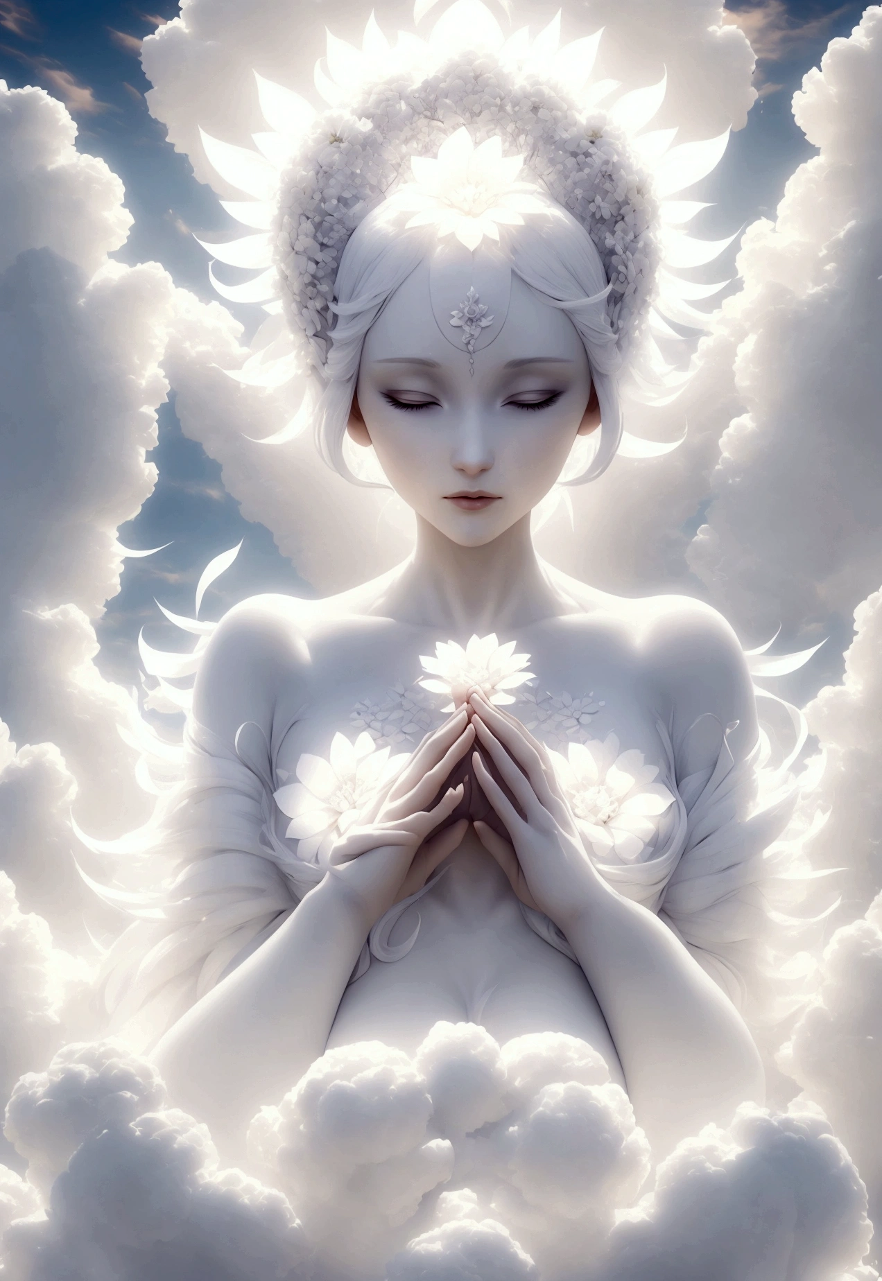 a one woman, adult, known as the floating White Flower, a pretty woman, curvilinear body, white  hair, halo of light on the head, with hands over face pointing disapproval, Another quality, 8K, maximum quality, whole body, looking to the down, goddess of life, background around you of clouds,