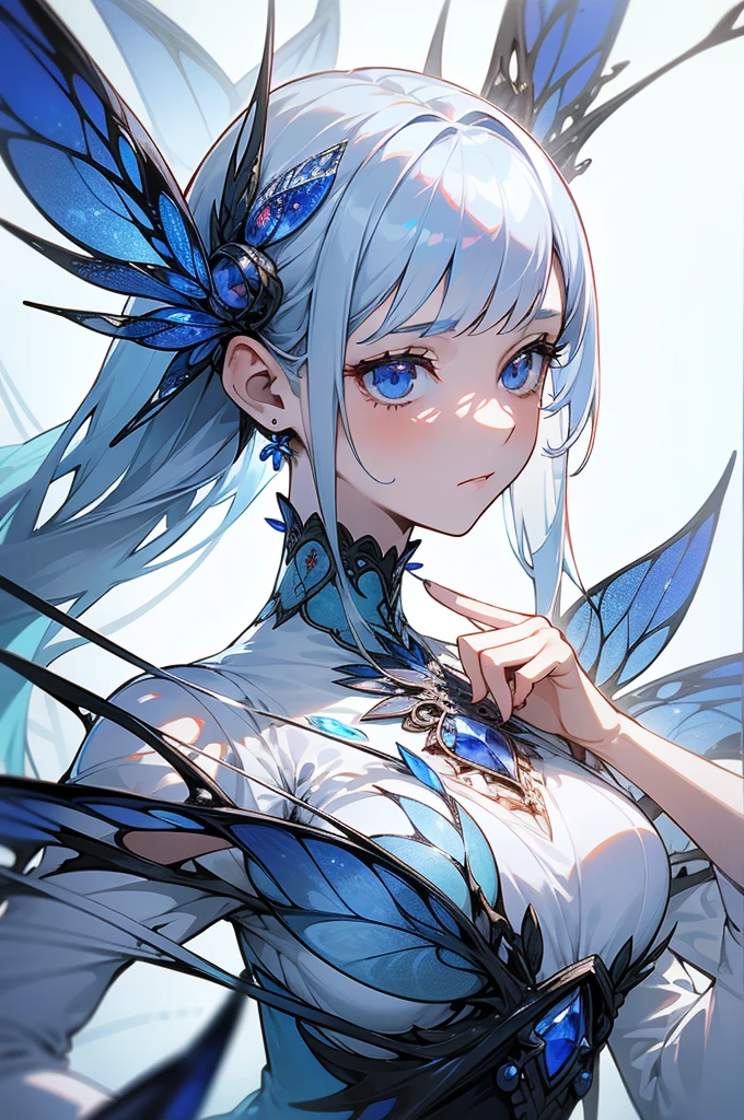 Close up photo of woman in glass, intricate detailes, White background, Transparent body, Visible veins, wires, Highly detailed, Head, Upper body, Breathtaking, foco nítido,Glass Art、red and blue、intricate detailes、Terrible、The most beautiful forms of chaos like glasswork、Delicate、fleeting、Magnificent scale