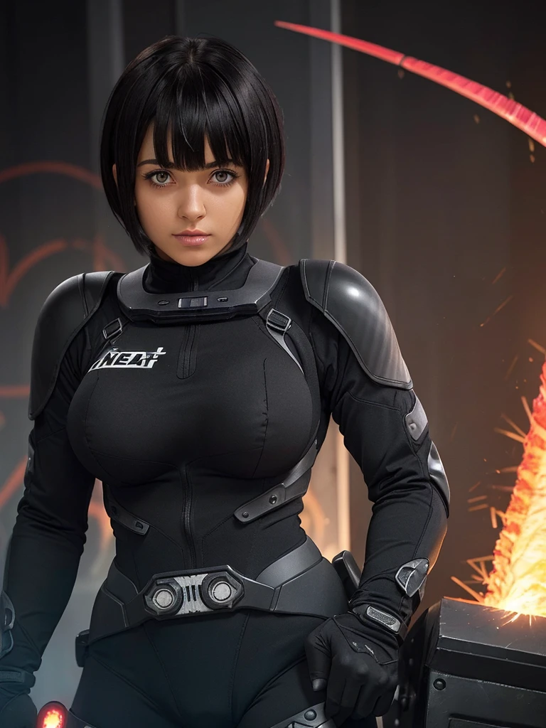 (bangs:1.3), (new heat core :1.5), (mixed black hair :1.4),(perfect skin girl:1.4),(beautiful hair1.3),(big boobs:1.3)
(black carbon powered suits:1.3),(neatly groomed short hair :1.4),(cute eyes:1.3)