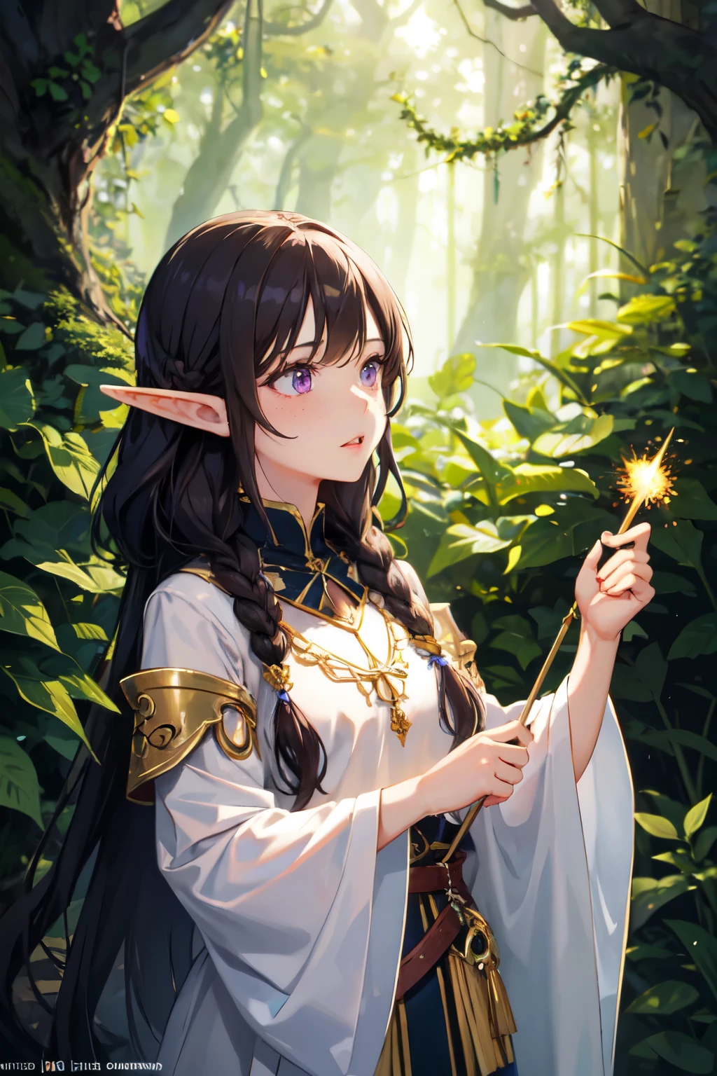 ((best quality)), ((masterpiece)), (detailed), 1girl, (masterpiece), best quality, expressive eyes, perfect face, magical, fantasy, woman, adult woman, Half-elf, druid, long brown hair, hair half up half down with braids, lavender purple eyes, gold accessories, fair skin, pretty, freckles, in forest, druid clothing, magical glowing, magical forest, nighttime, casting a magical spell, casting spell, majestic, glowing light magic, epic, powerful, greenery, vines, nature, flowers
