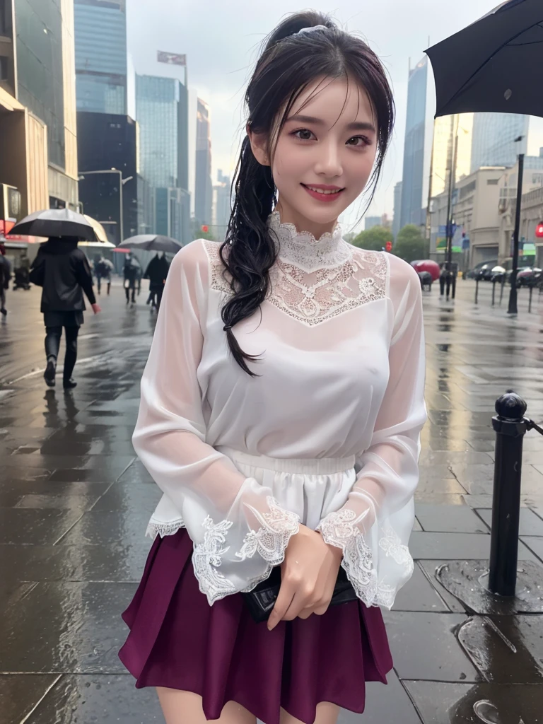 ((best quality, 8K, masterpiece: 1.3)),upper body,Black Hair, black eye,sharp focus: 1.2, beautiful woman with a perfect body: 1.4, ((midiam hair, large: 1.2)), (small and beautiful hard (White long sleeve blouse with lace、Silk Tight darkmagenta long skirt), (wet from rain: 1.2), (rain, street: 1.2), wet body: 1.1, Highly detailed face and skin texture, detailed eyes, double eyelids, White skin,,E cup,smile,Financial district of the big city,Skyscraper,White skin,Wet Hair、Wet Skin、Wet clothes、smile、 