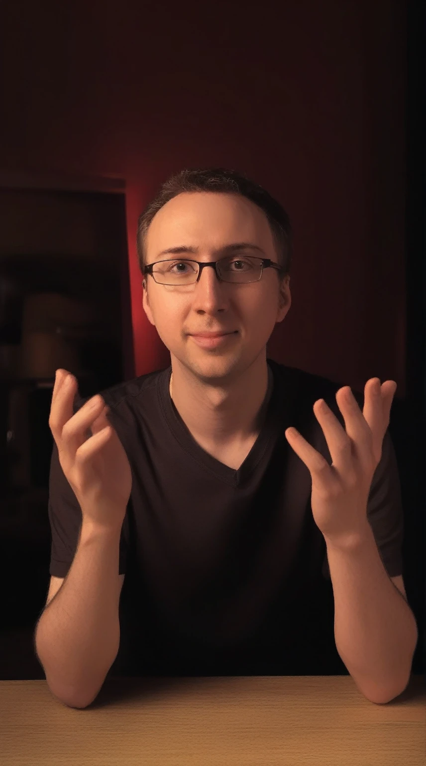 Arafed sits at the table, Raising his hands up, a twitch streamer / gamer Ludwig, Linus from Linustechtips, Typical cryptocurrency fan, portrait in the middle of the shot, profile picture 1024px, Ricky Berwick, high quality portrait, Alexey Gurylev, raised his hands to his face, portrait jerma985, Doug Walker