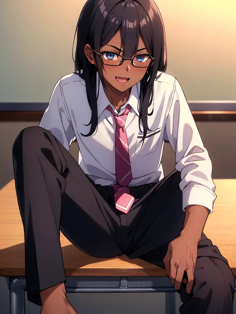 (1 feminine boy solo),(dark skin:1.5),(masterpiece:1.2), highest quality, High resolution, unity 8k wallpaper, (fine and beautiful eyes:1.6), highly detailed face, perfect lighting, Detailed CG, (perfect hands, perfect anatomy),20 years old, (black hair:1.3), detailed eyes, best quality, extremely detailed, very precise detailed, (glasses:1.4), (open mouth:1.2), (middle hair:1.5), (evil smile:1.4) ,long sidelocks, (blush:1.3),(sit on desk:1.3),(Put left knee in front:1.5),(boy's school uniform long pant:1.5),(loosen necktie:1.2),spread legs,bend knee,(open shirt:1.3),