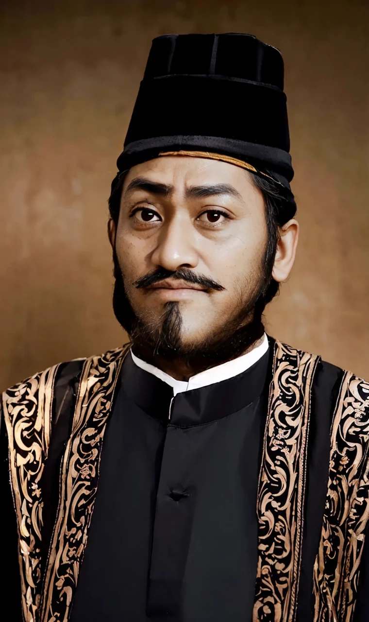 Indonesian Muslim man, brave king, wearing kanigaran clothing complete with black head covering, aged 40 years or over, brownish wrinkled skin, thick mustache and beard, long eyebrows, thin lips, closed mouth, thick black hair, big glaring eyes , Detailed Realistic HD Photos.