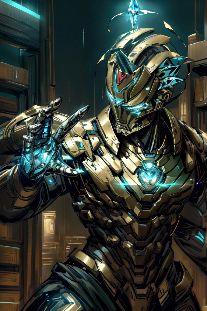 《create》and《Iron Man》combination of, Tron Legacy, Fighting Stance, Clear images, Intricate details, close up, battle scars, Blue and crystal solid metallic theme, simulated world