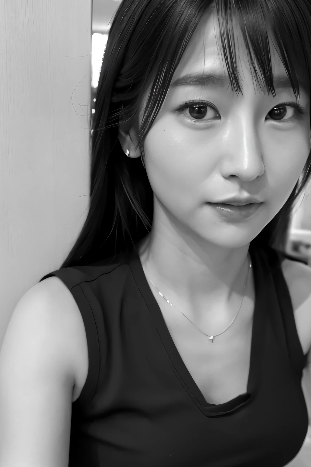 Masterpiece, high quality, photorealsitic, high resolution, 8k wallpaper, Professional photo, Super detailed face, detailed eyes, ((monochrome photo)), 1girl in, Skinny Japanese woman, ((Facing the front)), ((lips are only in Red)), Detailed clavicle, perfect face, {long|short} face, straight hair, (look straight at a camera)