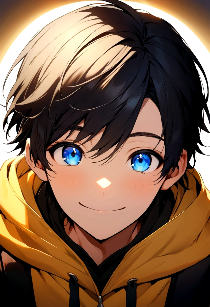 Beautiful 18 year old boy、Wearing a yellow and black hoodie、The background is pure white、Center parting of black hair、Bright blue eyes、smile