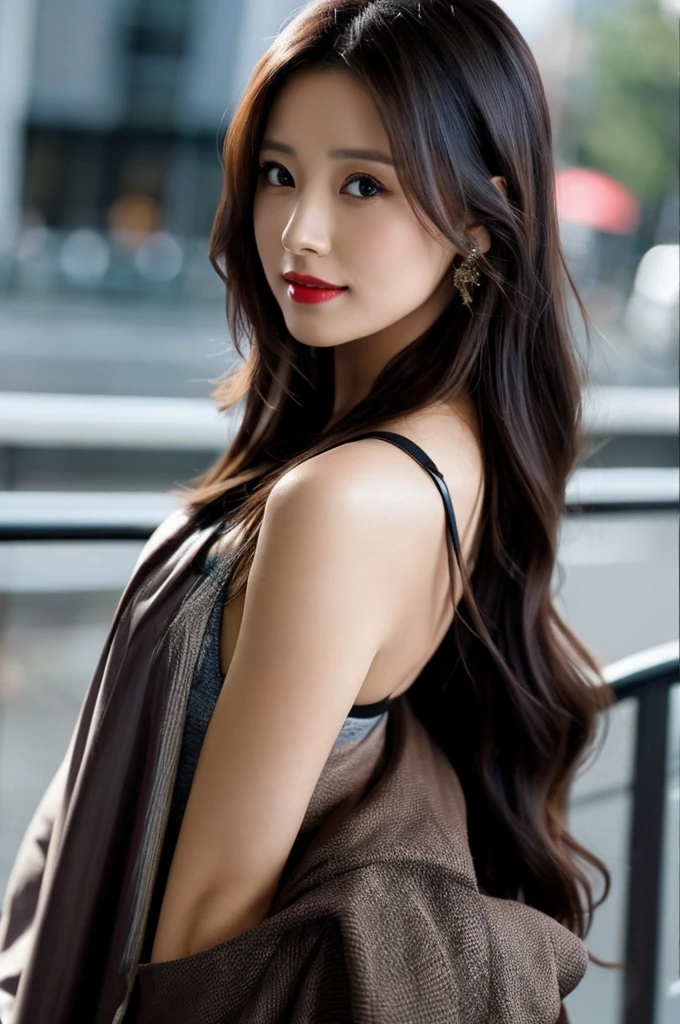 A 26 year old girl, she is the most beautiful actress in the world, this girl's perfect body proportions, the upper body is dressed in a formal shirt and blazer, the crotch area of the panties is hardly hidden by the short skirt, Your bare legs, is seen right in front of his body, from just above the head to just below the shins are within a frame, she is standing on the city street, nsfw, best qualityer, highy detailed, work of art, ultra high resolution, photo realist, 8K, CRU photo