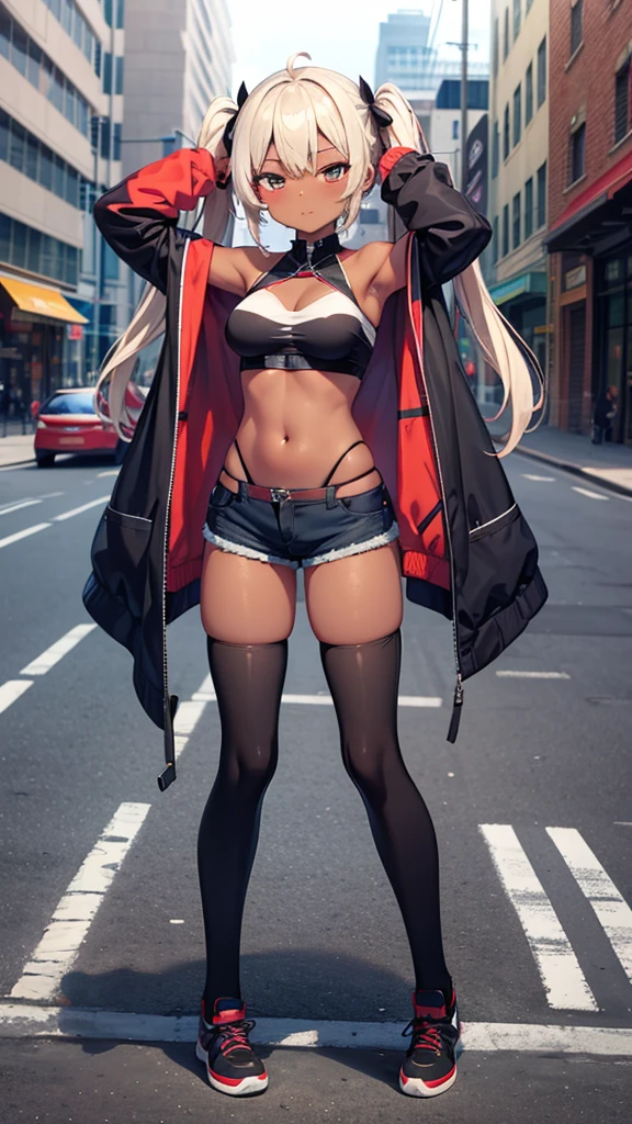 masterpiece, best quality, ultra detailed, 1girl, dark skin, twin tails, thighhighs, (micro short shorts), tube top, full body, jacket over, street, medium breasts, armpit, 