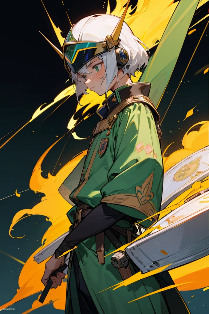 TH30 - Mecha Costume, which designed in style of old knights in Middle Ages. He has a pattern of silver and gold colours on his plates, while also his visors blink with the green lights inside of the helmet. Little holes around the costume produce little tongues of fire around his wrists and legs, ready to burst out for a flight command or a flame attack. He also has a pattern of the little green transparent lines behind his back, representing clothing's familiar to the long thin jackets.