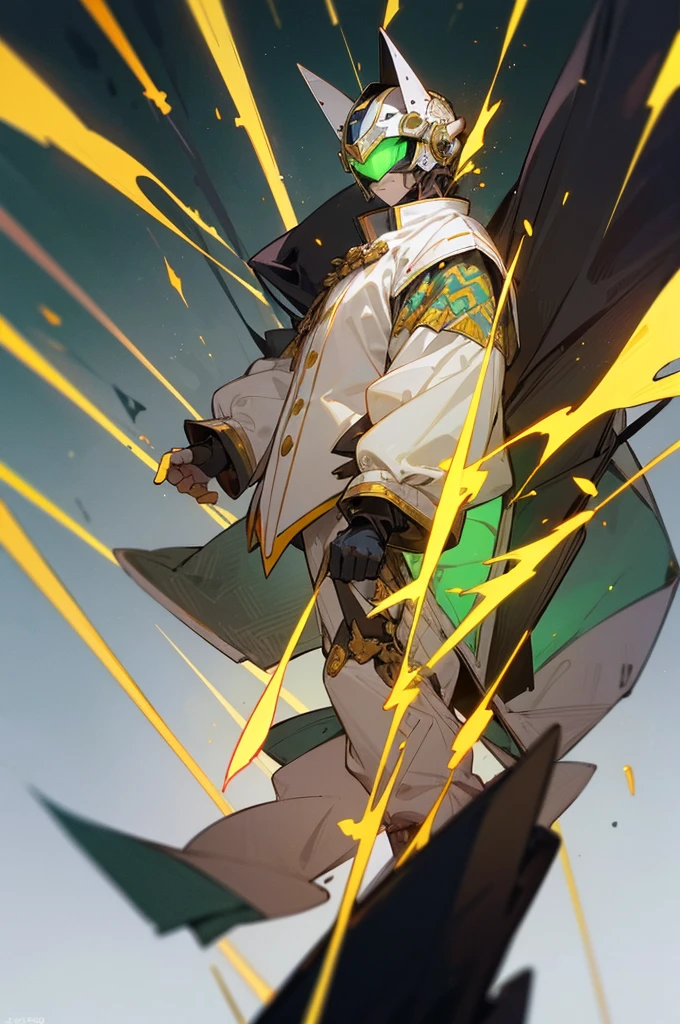 TH30 - Mecha Costume, which designed in style of old knights in Middle Ages. He has a pattern of silver and gold colours on his plates, while also his visors blink with the green lights inside of the helmet. Little holes around the costume produce little tongues of fire around his wrists and legs, ready to burst out for a flight command or a flame attack. He also has a pattern of the little green transparent lines behind his back, representing clothing's familiar to the long thin jackets.