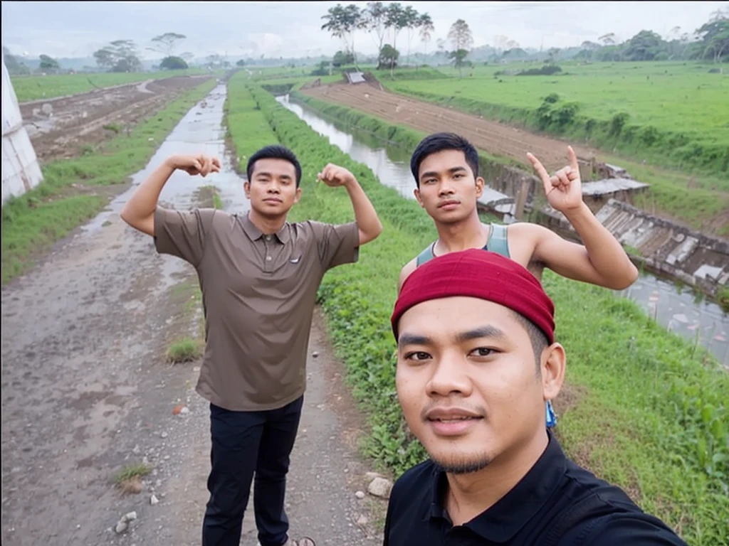 3 indonesian man photos wearing armor with background epic landscape forest