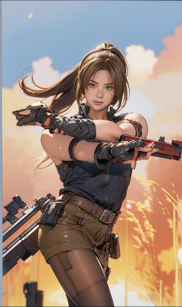 Elaizaikedareal, 1girl, solo, short hair, skirt, blonde hair, red eyes, gloves, ponytail, weapon, pantyhose, hairband, boots, holding weapon, gun, black pantyhose, rifle, one knee, sniper rifle, scope, shell casing