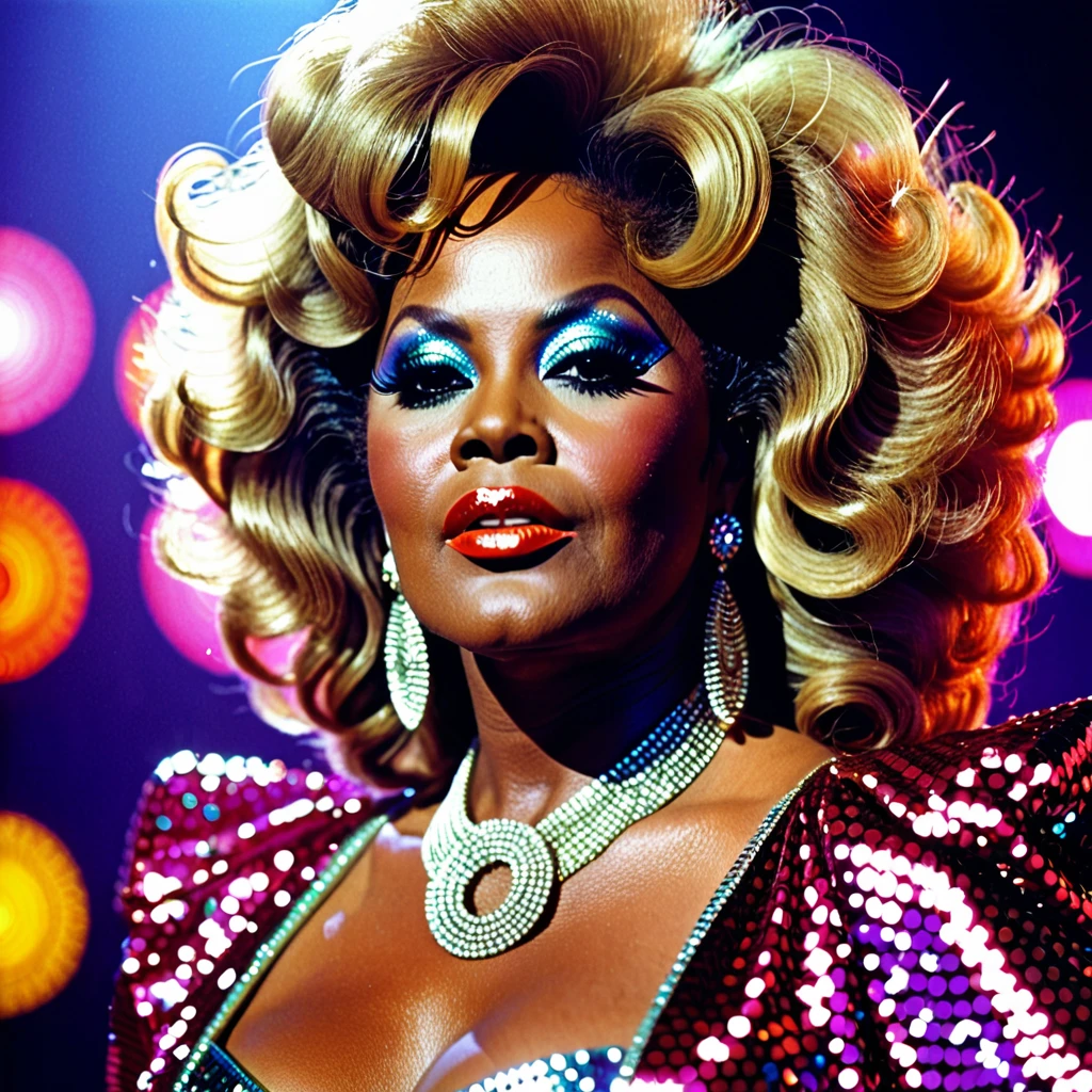 A closeup photo of a fictional 1970s female R&B superstar named Cookie Eaton. She has a confident and glamorous expression, with stylishly voluminous hair, possibly an afro, and wearing large hoop earrings. Her makeup is bold with vibrant eye shadow and glossy lips. She is dressed in a sparkling, sequined outfit, typical of 1970s fashion. The background is a blurred stage with colorful lights, giving a sense of her performing in a lively concert. The image captures the essence of 1970s R&B glamour and style.