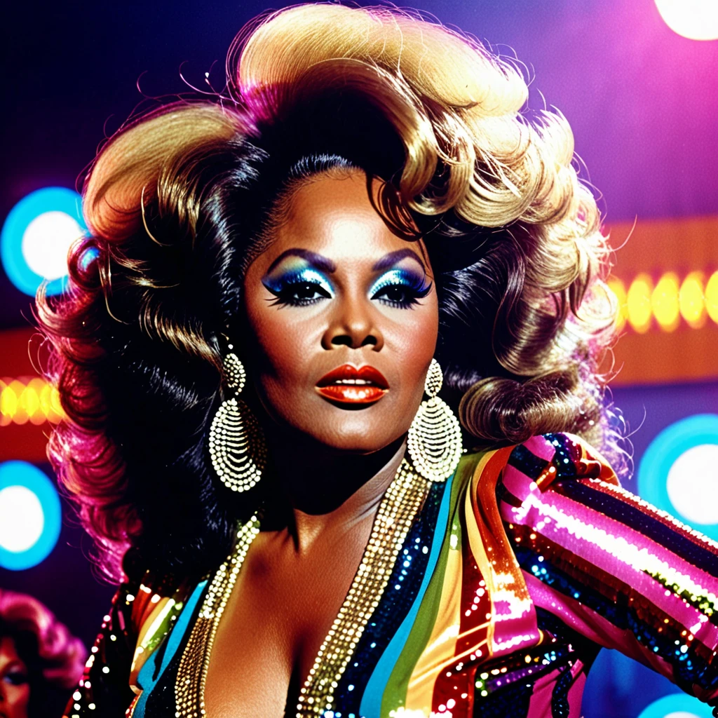 A closeup photo of a fictional 1970s female R&B superstar named Cookie Eaton. She has a confident and glamorous expression, with stylishly voluminous hair, possibly an afro, and wearing large hoop earrings. Her makeup is bold with vibrant eye shadow and glossy lips. She is dressed in a sparkling, sequined outfit, typical of 1970s fashion. The background is a blurred stage with colorful lights, giving a sense of her performing in a lively concert. The image captures the essence of 1970s R&B glamour and style.