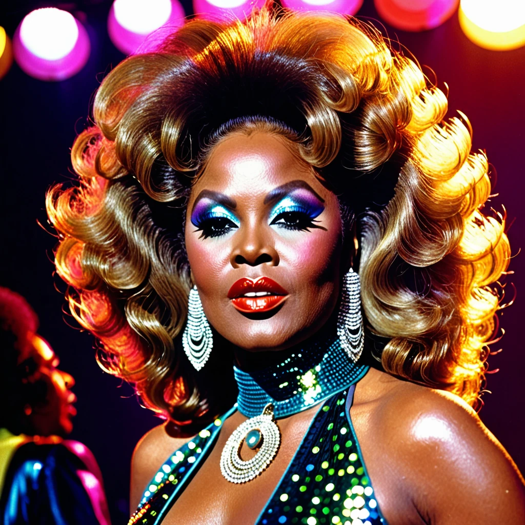 A closeup photo of a fictional 1970s female R&B superstar named Cookie Eaton. She has a confident and glamorous expression, with stylishly voluminous hair, possibly an afro, and wearing large hoop earrings. Her makeup is bold with vibrant eye shadow and glossy lips. She is dressed in a sparkling, sequined outfit, typical of 1970s fashion. The background is a blurred stage with colorful lights, giving a sense of her performing in a lively concert. The image captures the essence of 1970s R&B glamour and style.