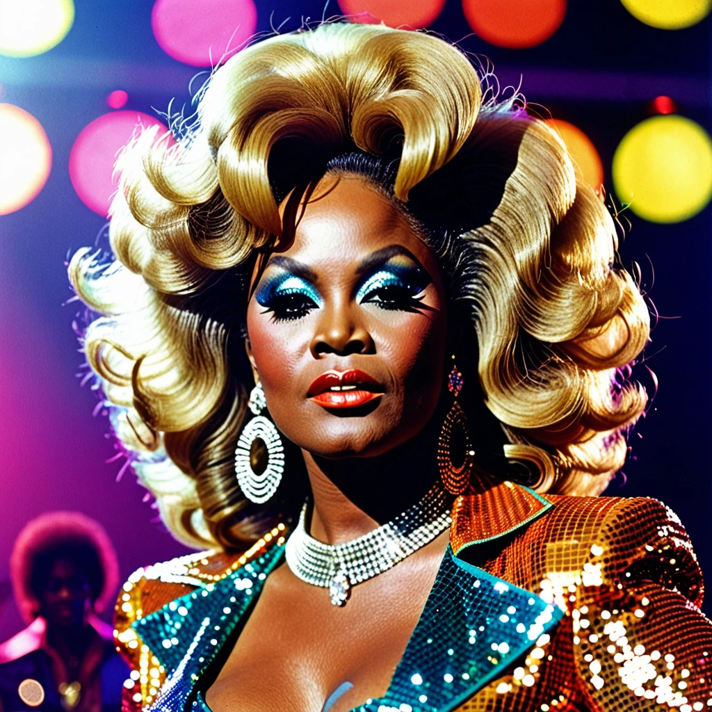 A closeup photo of a fictional 1970s female R&B superstar named Cookie Eaton. She has a confident and glamorous expression, with stylishly voluminous hair, possibly an afro, and wearing large hoop earrings. Her makeup is bold with vibrant eye shadow and glossy lips. She is dressed in a sparkling, sequined outfit, typical of 1970s fashion. The background is a blurred stage with colorful lights, giving a sense of her performing in a lively concert. The image captures the essence of 1970s R&B glamour and style.