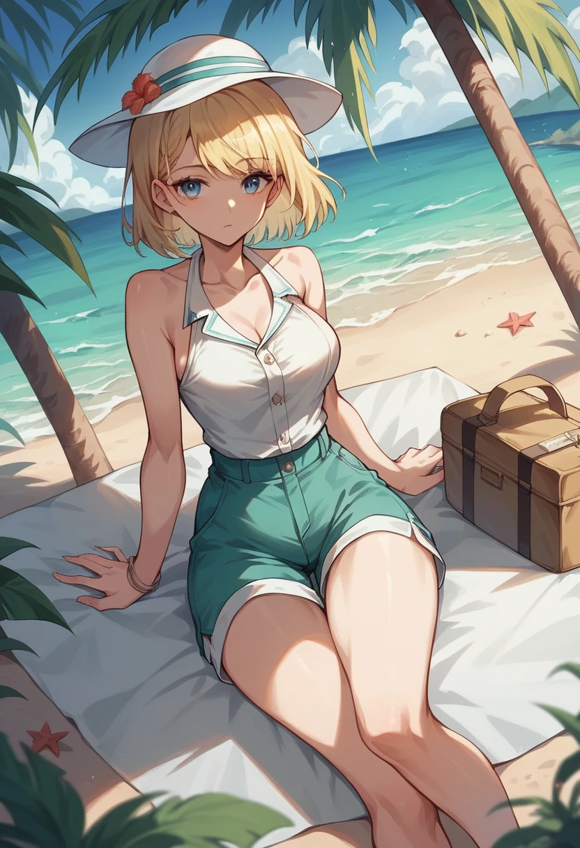 commander anime girl, open-neck summer dress, turquoise shorts, 18 years old, tall, medium length blonde hair, blue eyes, on vacation on an island, on the beach, white commander hat, 8K