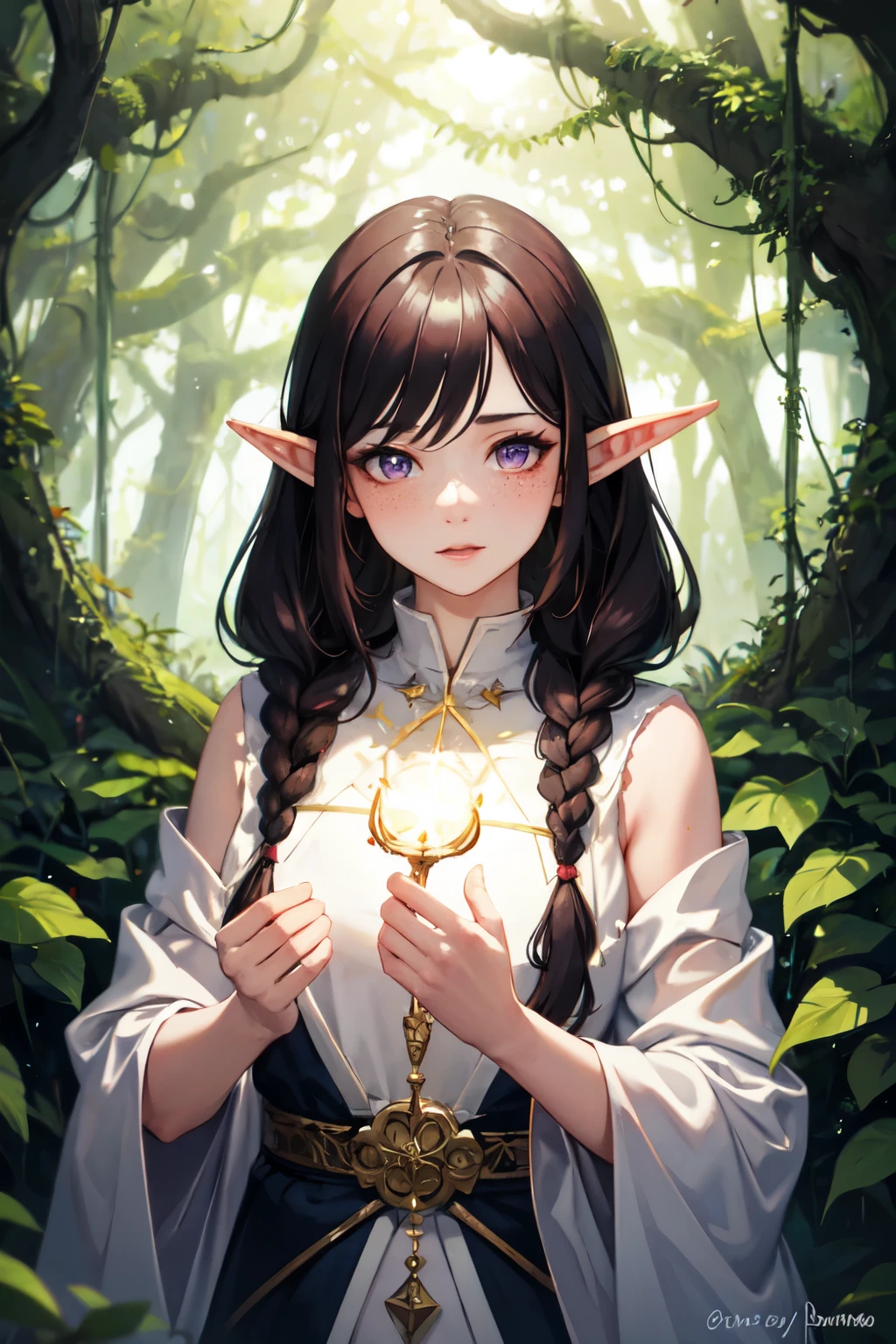 ((best quality)), ((masterpiece)), (detailed), 1girl, (masterpiece), best quality, expressive eyes, perfect face, magical, fantasy, woman, adult woman, Half-elf, druid, long brown hair, hair half up half down with braids, lavender purple eyes, gold accessories, fair skin, pretty, freckles, in forest, druid clothing, magical glowing, magical forest, nighttime, casting a magical spell, casting spell, majestic, glowing light magic, epic, powerful, greenery, vines, nature, flowers