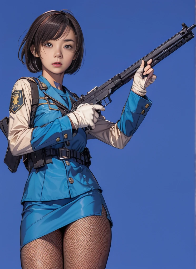 Elaizaikedareal, 1girl, solo, short hair, skirt, blonde hair, red eyes, gloves, ponytail, weapon, pantyhose, hairband, boots, holding weapon, gun, black pantyhose, rifle, one knee, sniper rifle, scope, shell casing