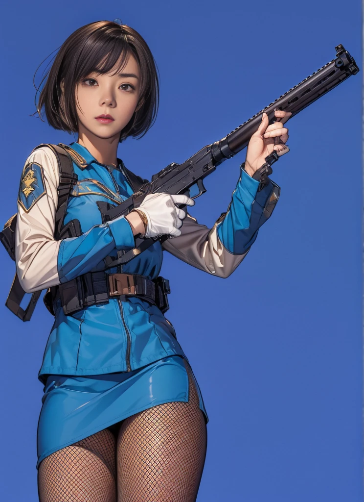 in 8K, top-quality, ​masterpiece, realisitic, full_Body, 1 female, Cute Girl, Japan women, 22year old, brown haired, Straight short hair, Slender girl, Colossal tits、Idol、 A smile、police officers、