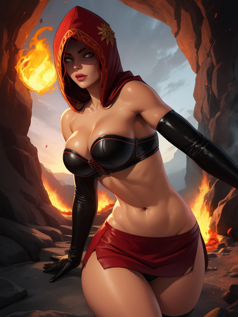 Dsorceress, shadowy face,dark cave, fire, hood, shadowed face, strapless bra, slim and athletic body, miniskirt, no panty, elbow gloves, dark skin, 1 girl (insanely detailed, masterpiece, best quality)