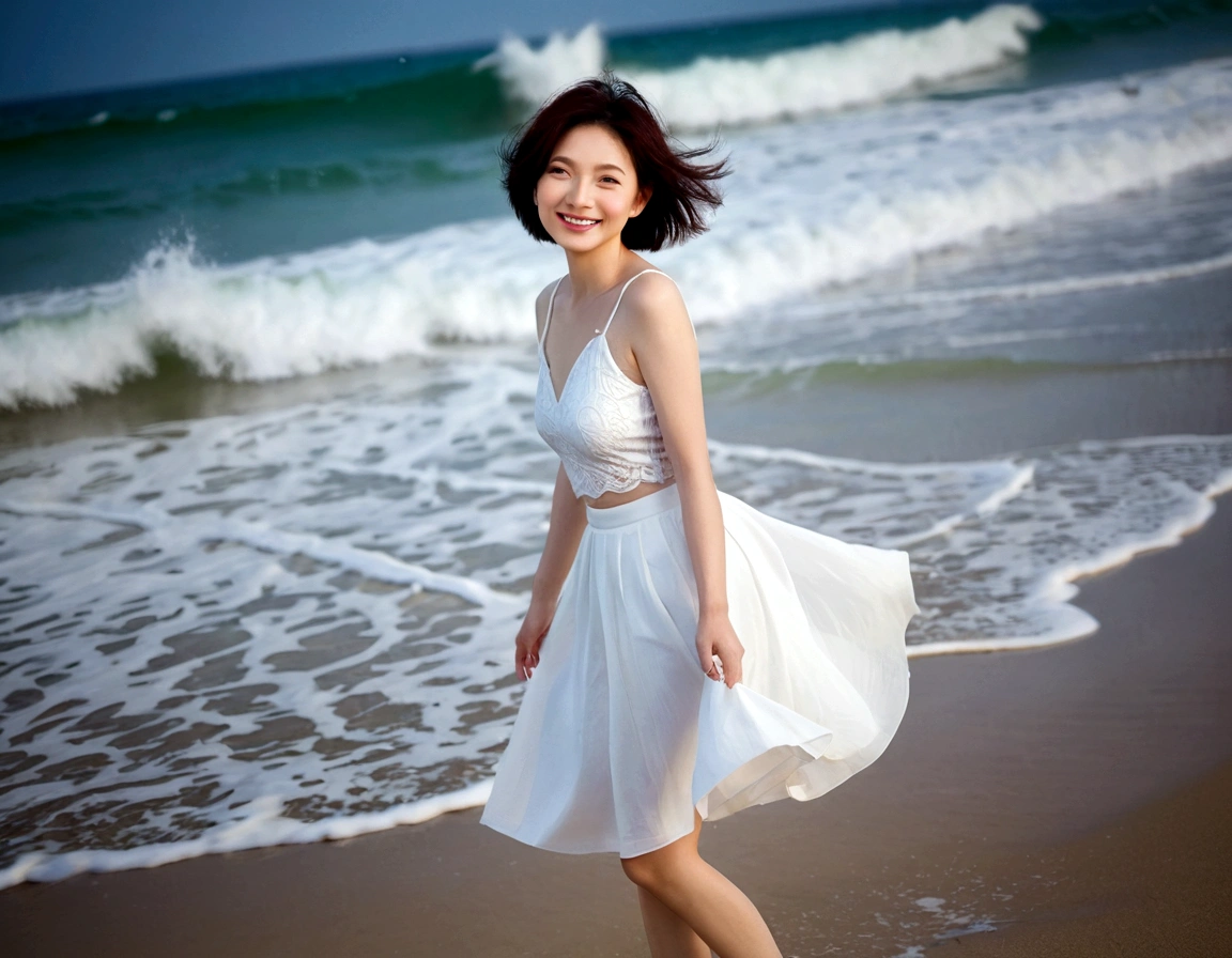 sunset on the beach,바다에 잔광이 비치네sunset on the beach 붉은 태양,A strong lingering scent is reflected in the sea., Beautiful 46-year-old short Korean woman, Chest size 34 inches, Wear sleeveless, white light skirt. beautiful pretty woman look , wearing a light skirt , Go far into the sea water and dip your toes., Short medium hair blowing in the wind, 1 short woman, beautiful eyes, a little smile, Full-body photo taken from afar with a wide-angle lens, The background is clean and perfect., waves moved by the wind, best high definition