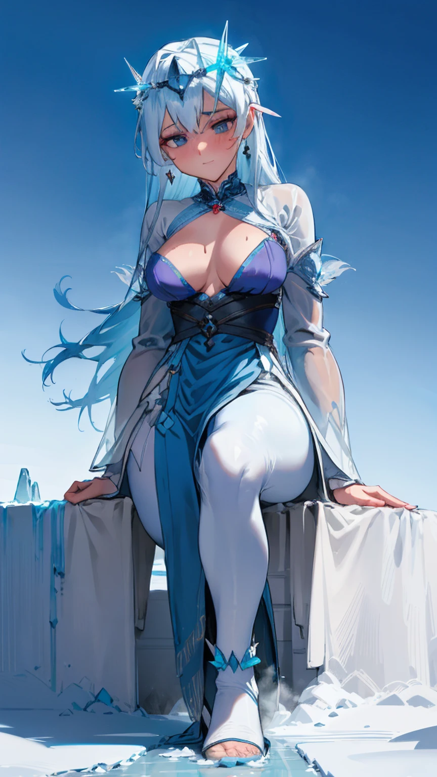Seen from the edge of a glacial cliff, the frosty blue Giantess Goddess, dressed in a gown of ice crystals, strides through the icy tundra. Her piercing silver eyes reflect the frozen landscape, and normal-sized humans beneath her are helpless against her freezing touch. She scoops them up, their struggles heightening her sadistic delight.