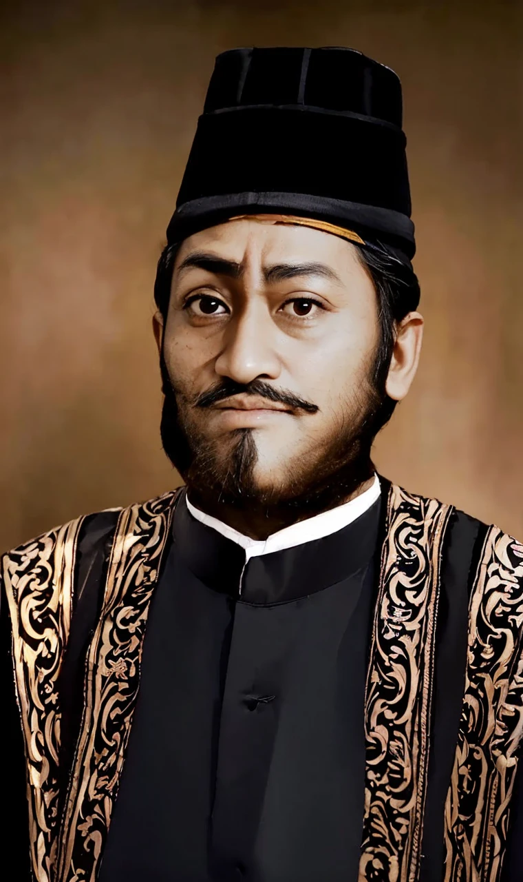 Indonesian Muslim man, brave king, wearing kanigaran clothing complete with black head covering, aged 40 years or over, brownish wrinkled skin, thick mustache and beard, long eyebrows, thin lips, closed mouth, thick black hair, big glaring eyes , Detailed Realistic HD Photos.