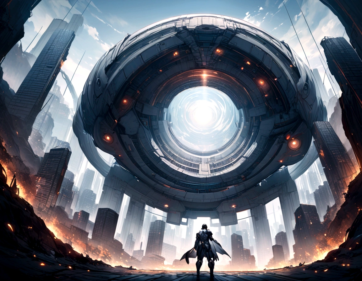Highest quality, Ultra-high resolution, , The ground is in the center of the picture,地下にBig Headを持つ男が地下を見上げる(Big Head:1.4),There are many science fiction skyscrapers on the ground
